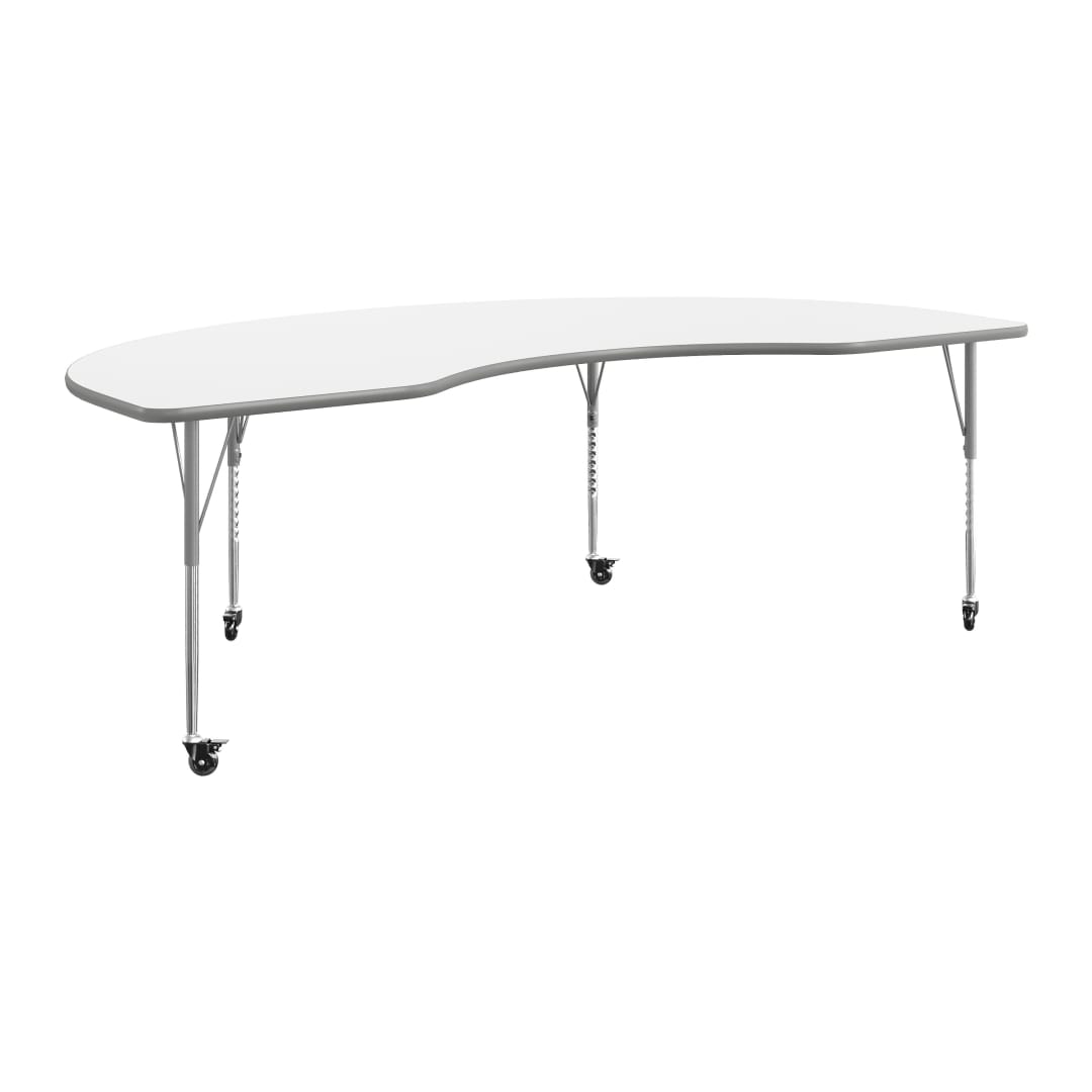 Wren 96" x 48" Kidney Adjustable Height Activity Table, Thermal Laminate Top, Standard Legs with Locking Casters, White