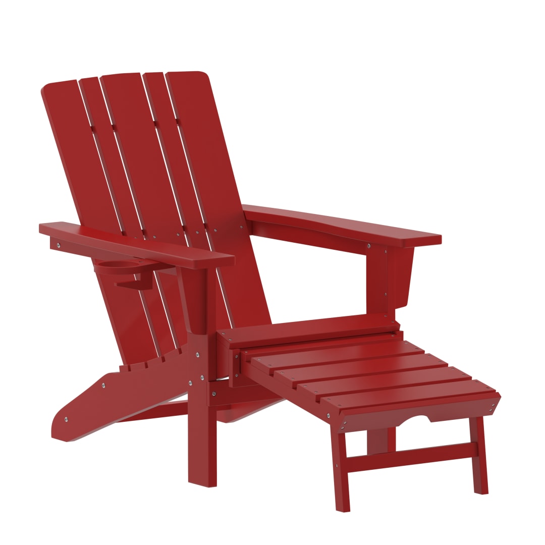 Halifax HDPE Adirondack Chair with Cup Holder and Pull Out Ottoman, All-Weather HDPE Indoor/Outdoor Lounge Chair in Red