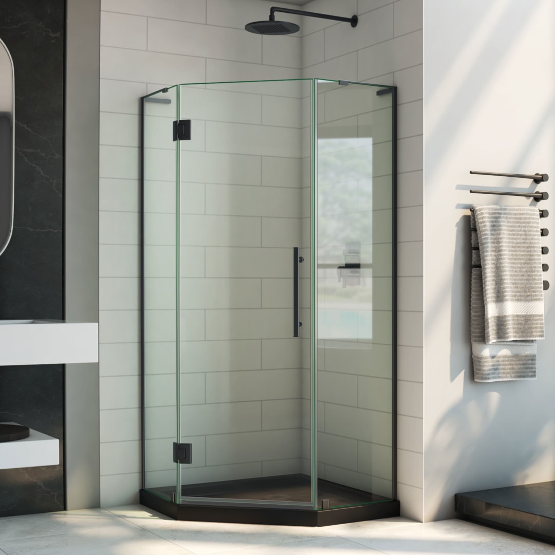 DreamLine Prism Plus 38 inch D x 38 inch W x 74 3/4 inch H Frameless Neo-Angle Hinged Shower Enclosure in Matte Black with Black Shower Base Kit