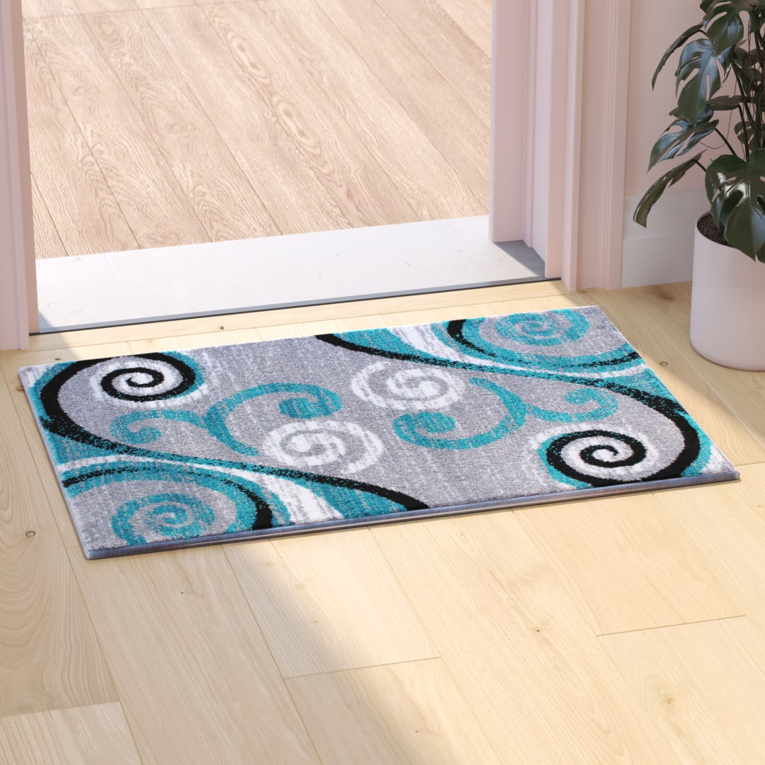 Valli Collection 2' x 3' Turquoise Abstract Area Rug - Olefin Rug with Jute Backing - Hallway, Entryway, Bedroom, Living Room