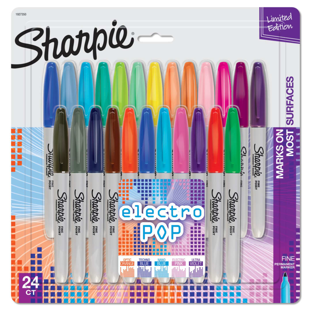 Sharpie Electro Pop Permanent Markers, Fine Point, Assorted Colors, 24 Count