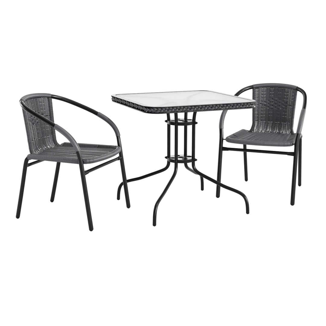 Lila 28'' Square Glass Metal Table with Gray Rattan Edging and 2 Gray Rattan Stack Chairs