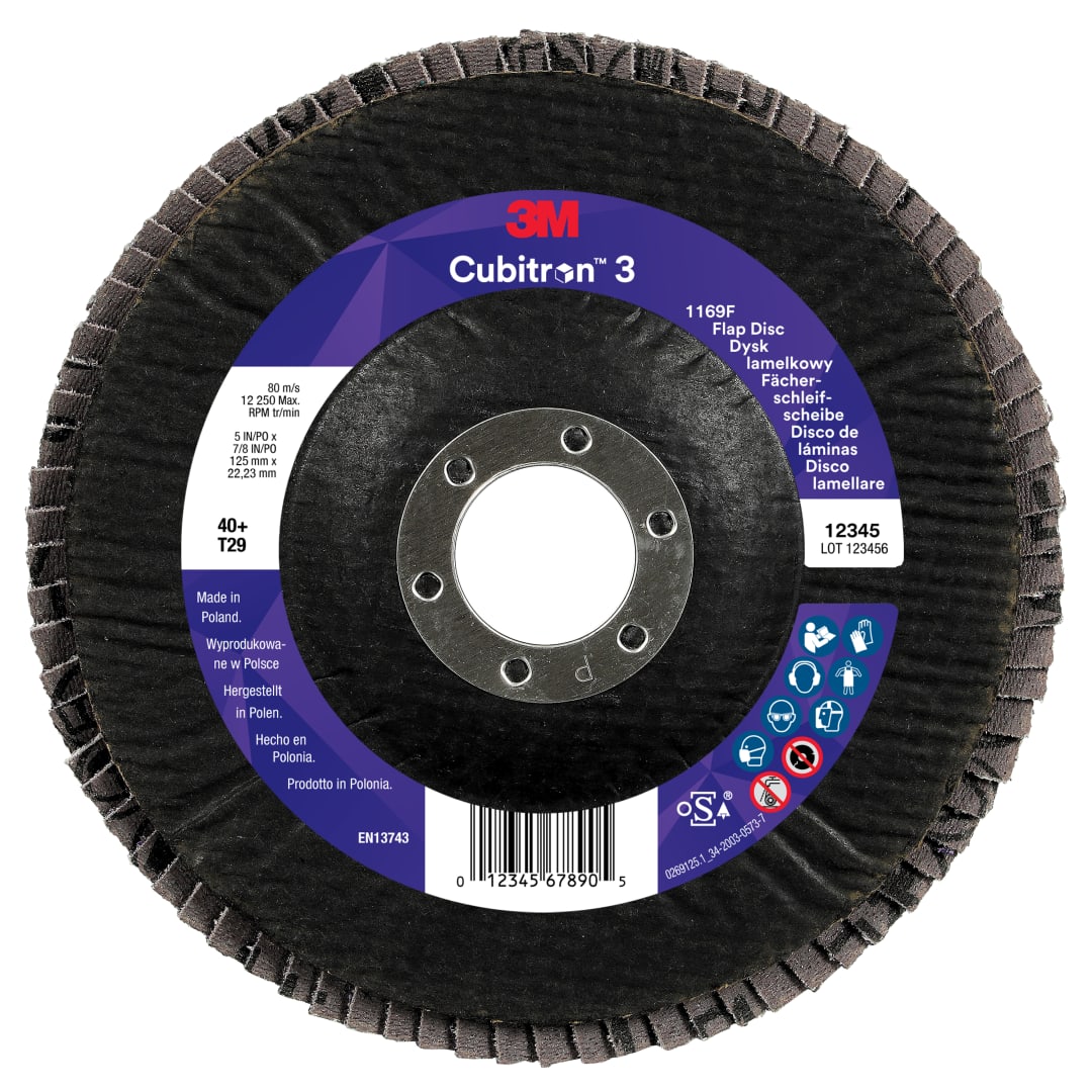 3M™ Cubitron™ 3 Flap Disc 1169F, 40+, T29-Conical, 125 mm x 22.23 mm, 10/Pack, 100 ea/Case