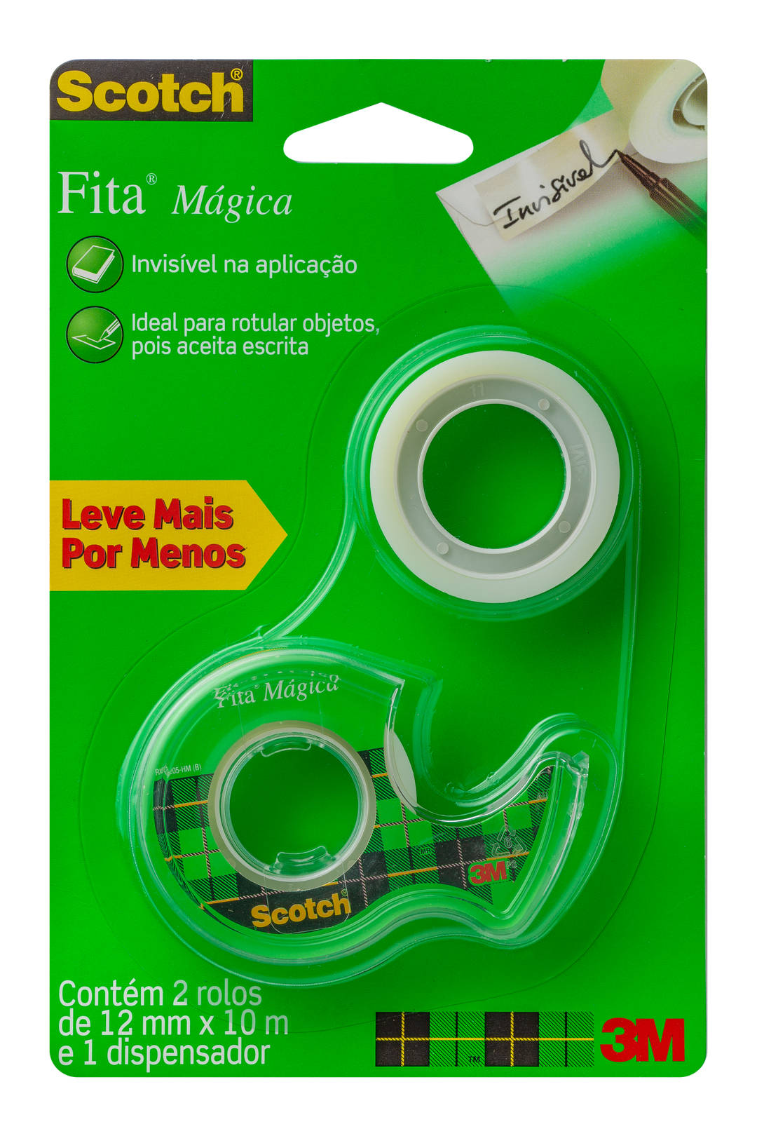 Fita Mágica Scotch®, 12 mm x 10 m, Caixa com 2 Rolos e 1 Dispensador