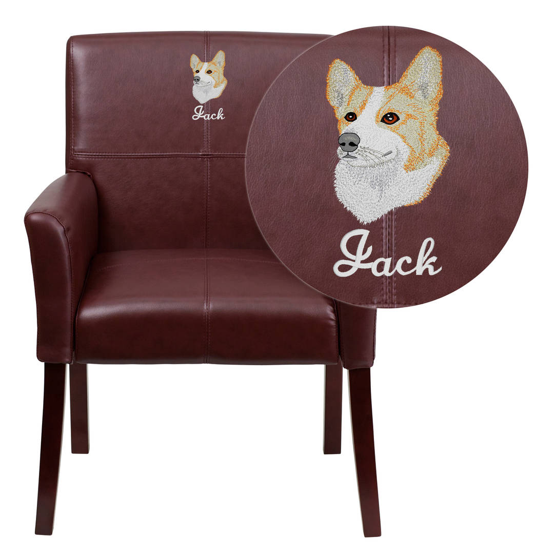 Taylor Embroidered Burgundy LeatherSoft Executive Side Reception Chair with Mahogany Legs