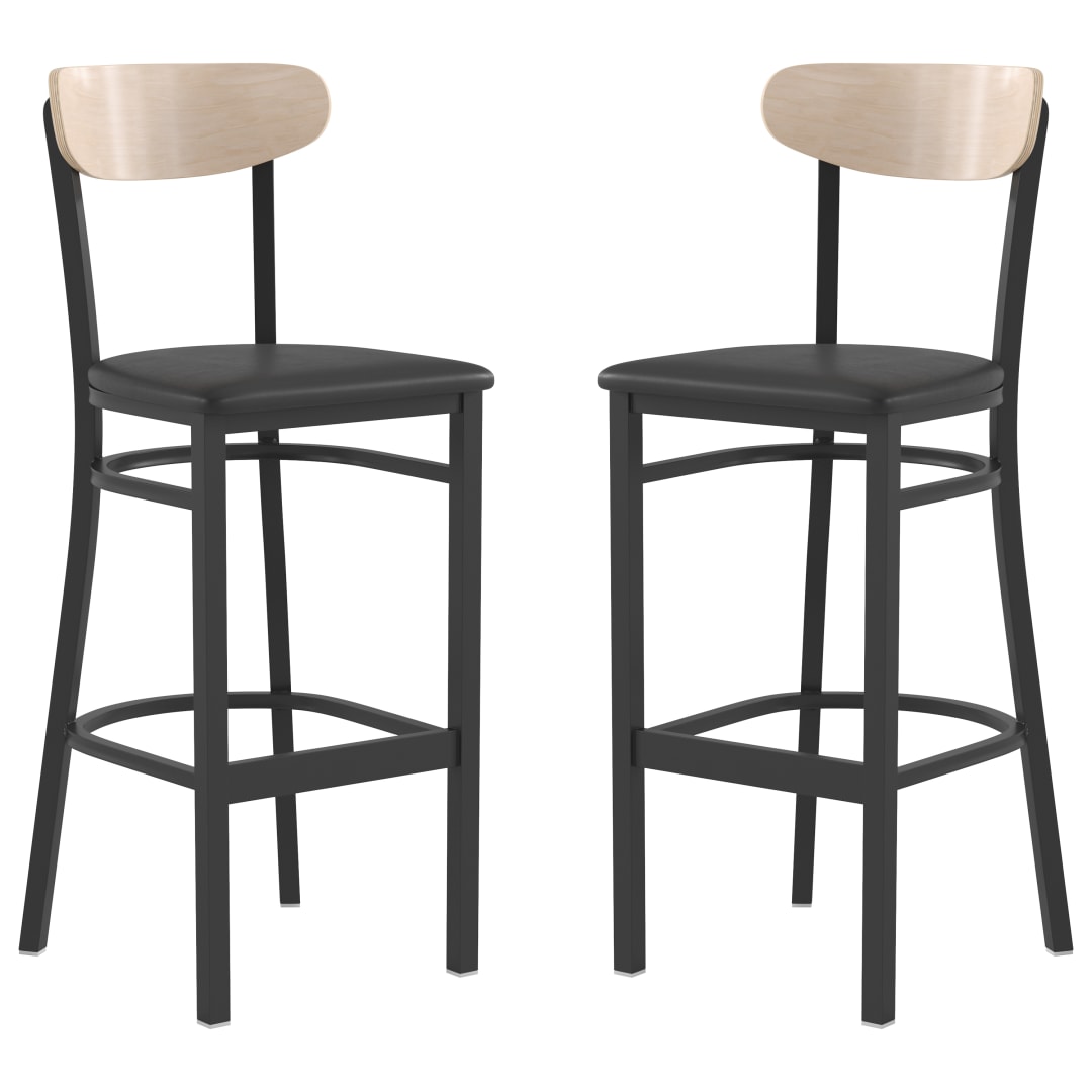 Wright Set of 2 Commercial Barstools with 500 LB. Capacity Black Steel Frame, Natural Birch Finish Wooden Boomerang Back, and Black Vinyl Seat