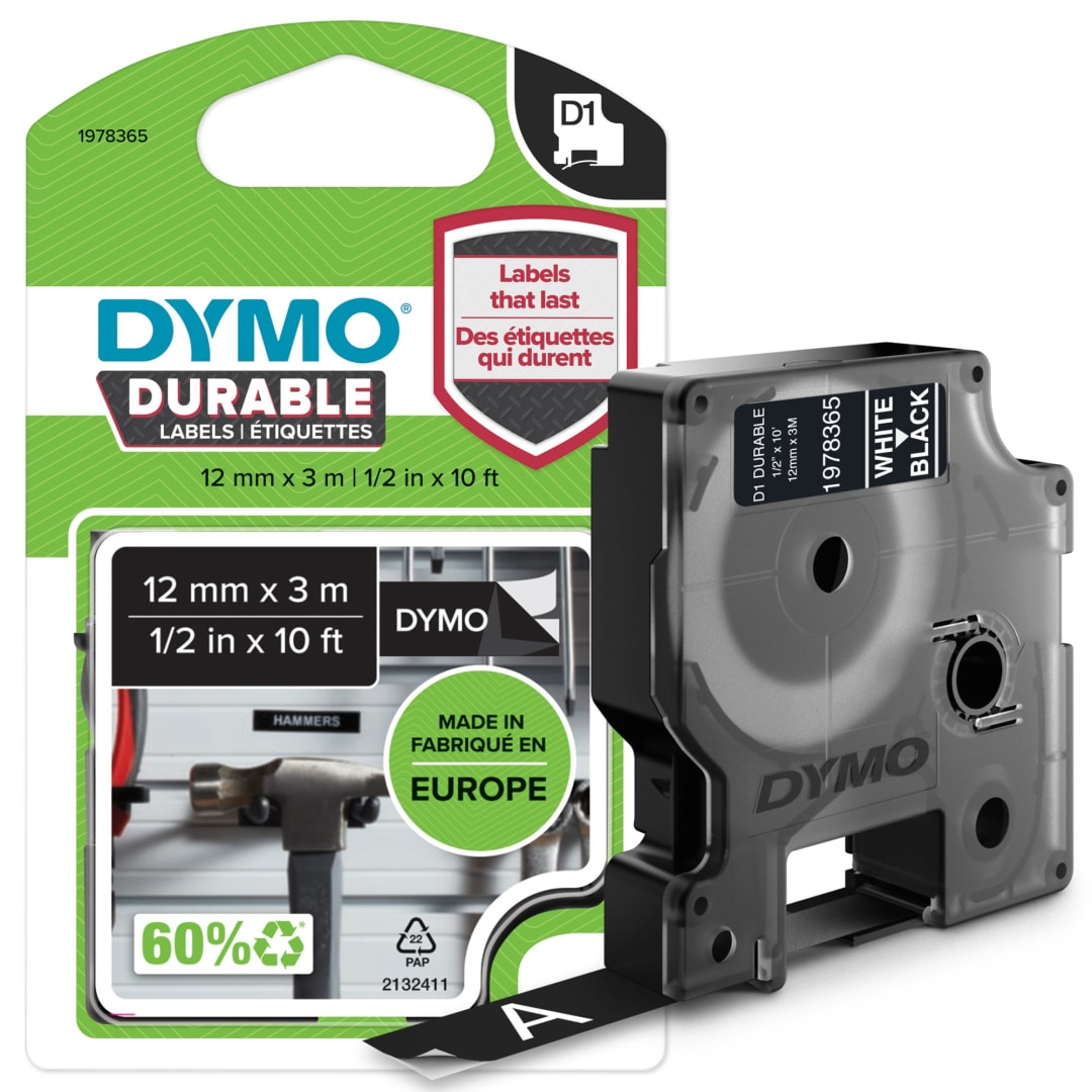 DYMO® D1 Durable Labeling Tape for LabelManager Label Makers, White Print on Black Tape, 1/2" W x 10' L, 1 Cartridge (1978365)