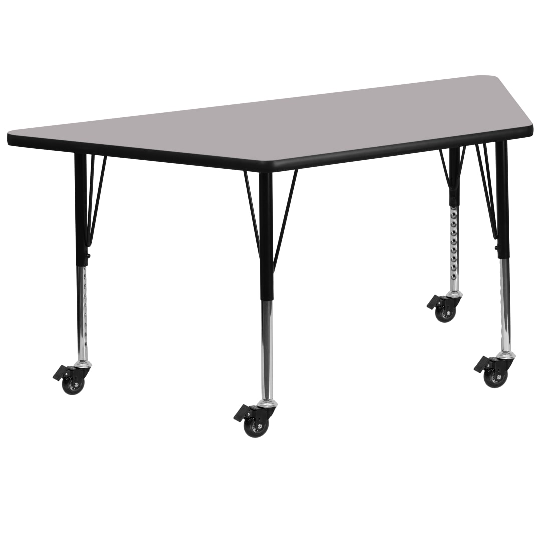 Wren Mobile 29''W x 57''L Trapezoid Grey Thermal Laminate Activity Table - Height Adjustable Short Legs