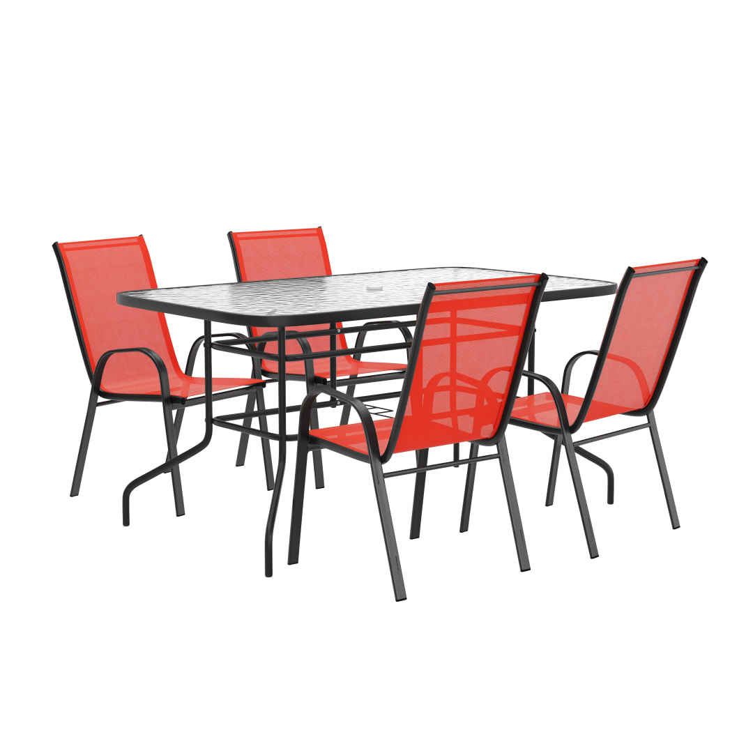 Brazos 5 Piece Outdoor Patio Dining Set - 55" Tempered Glass Patio Table with Umbrella Hole, 4 Red Flex Comfort Stack Chairs