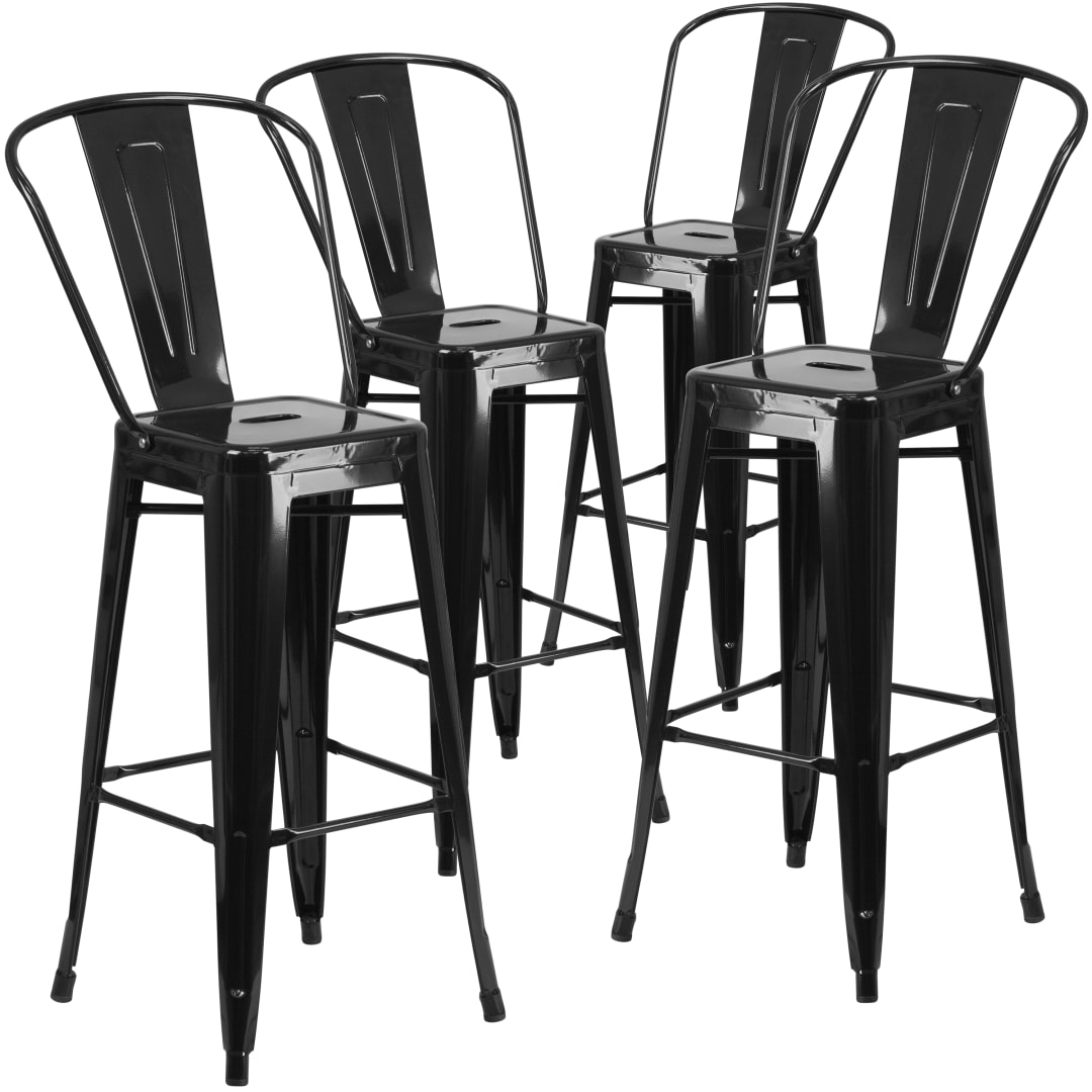 Lily Commercial Grade 4 Pack 30" High Black Metal Indoor-Outdoor Barstool with Removable Back