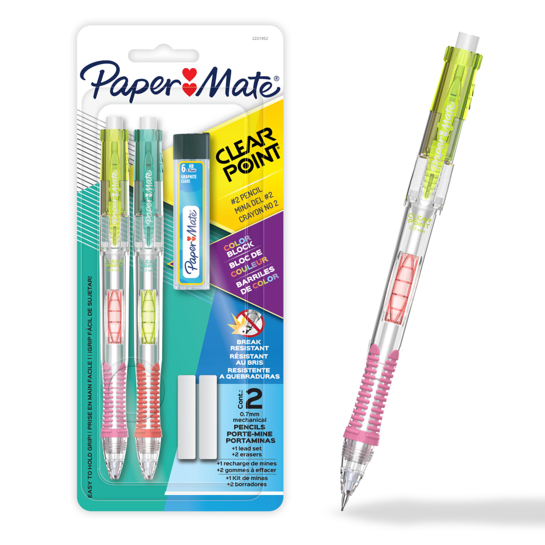Paper Mate Clearpoint Mechanical Pencil, Break-Resistant, Colour Block Edition, HB #2 Lead (0.7mm), Includes Eraser and Lead Refills, 5 Piece Set