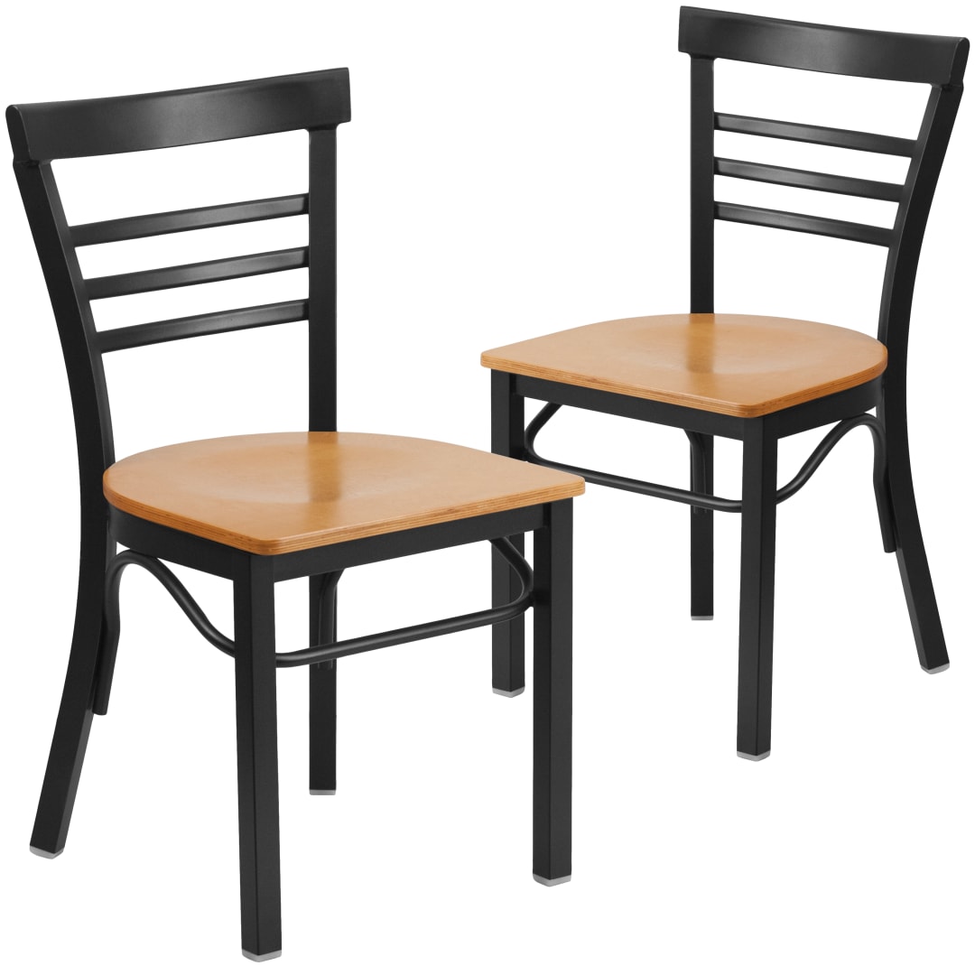 2 Pack HERCULES Series Black Three-Slat Ladder Back Metal Restaurant Chair - Natural Wood Seat