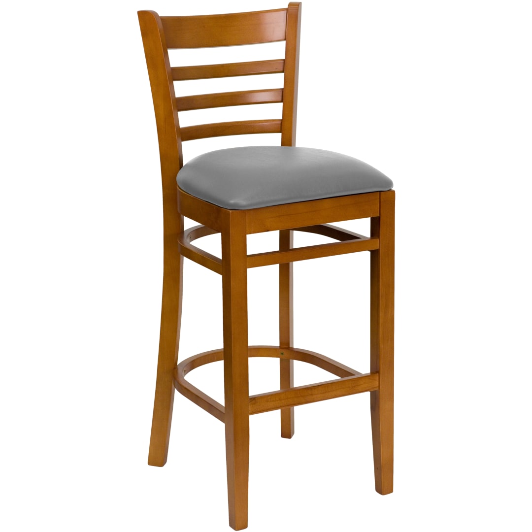 HERCULES Series Ladder Back Cherry Wood Restaurant Barstool - Custom Upholstered Seat