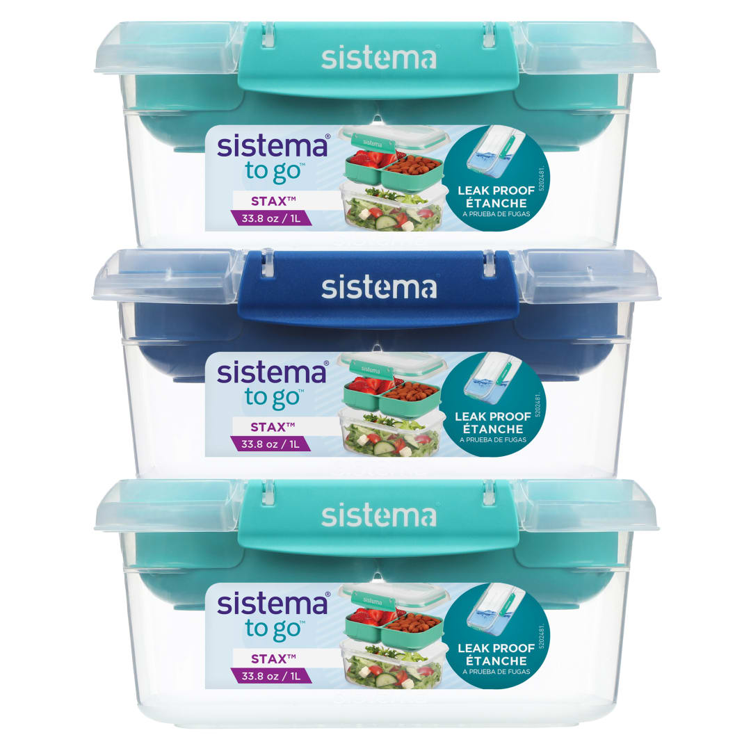 Sistema To Go Stax Recipientes para guardar alimentos de 1 litro | Juego de 3 recipientes herméticos con compartimentos | Sellado hermético | Clips de cierre fácil