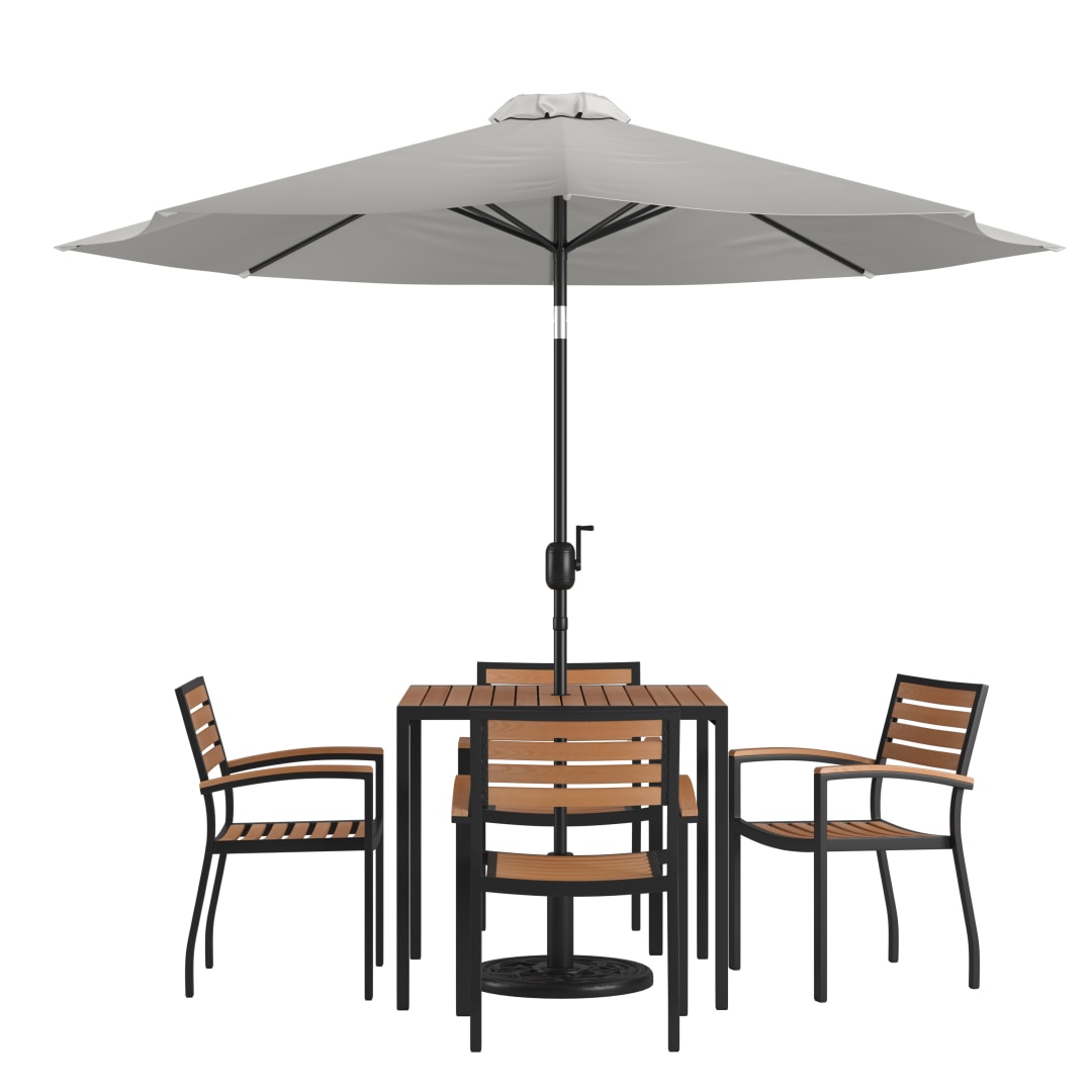 Lark 7 Piece Outdoor Patio Table Set with 4 Synthetic Teak Stackable Chairs, 35" Square Table, Gray Umbrella & Base