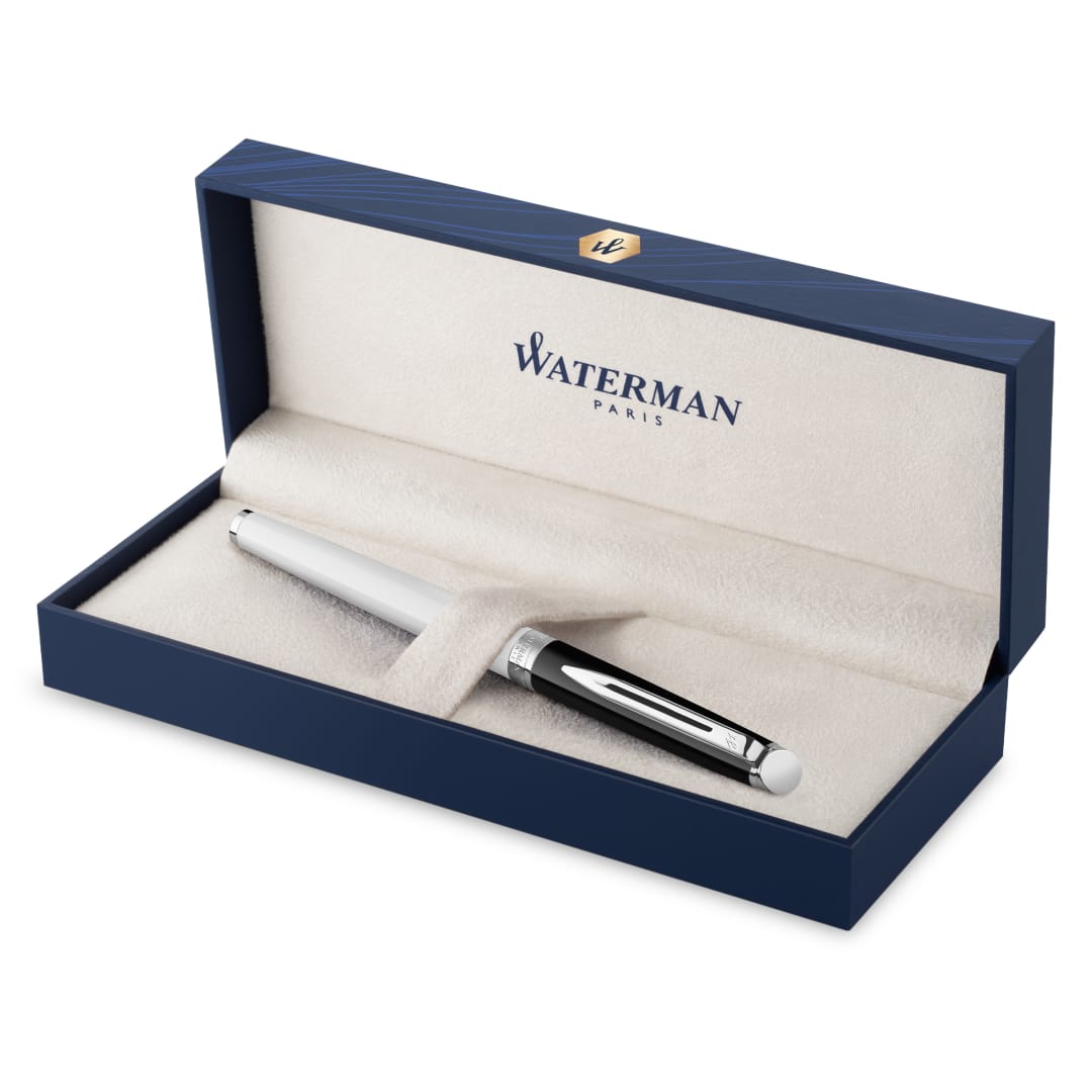 Waterman Hémisphère Bolígrafo roller | lacado negro y blanco con adornos de paladio | punta fina | estuche de regalo