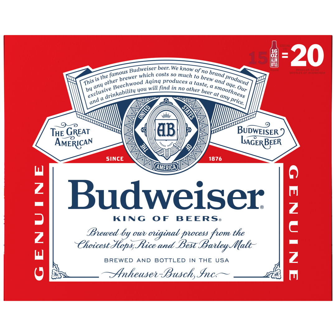 Budweiser American Lager Beer 15 Pack, 16 fl oz Aluminum Bottles