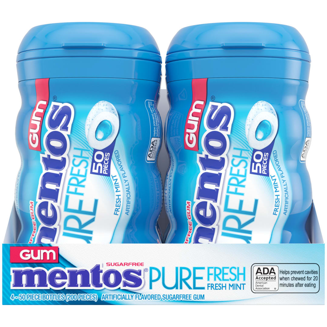 Mentos Gum Pure Fresh Sugar Free Chewing Gum Fresh Mint 50 pc Curvy Bottles - 4 Pack