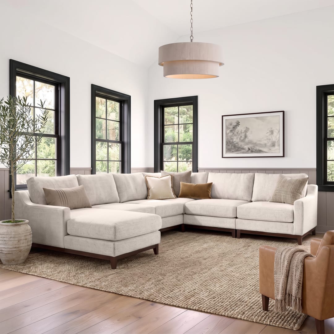 Bedford 5-Piece Modular Sectional Set, Double Center Seat, Left Facing Chaise, Corner Unit, Center Unit, Right Facing Unit, Ivory