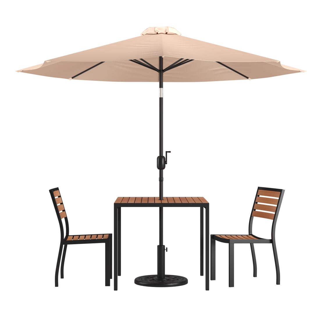 Lark 5 Piece All-Weather Deck or Patio Set - 2 Stacking Faux Teak Chairs, 35" Square Faux Teak Table, Tan Umbrella & Base