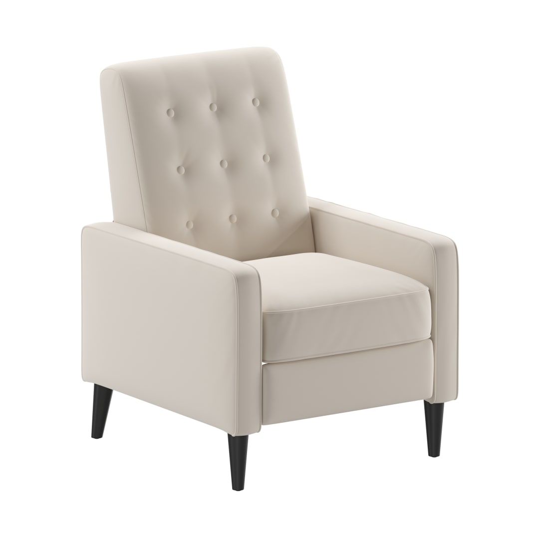 Ezra Mid-Century Modern Fabric Upholstered Button Tufted Pushback Recliner in Cream for Residential &amp; Commercial Use