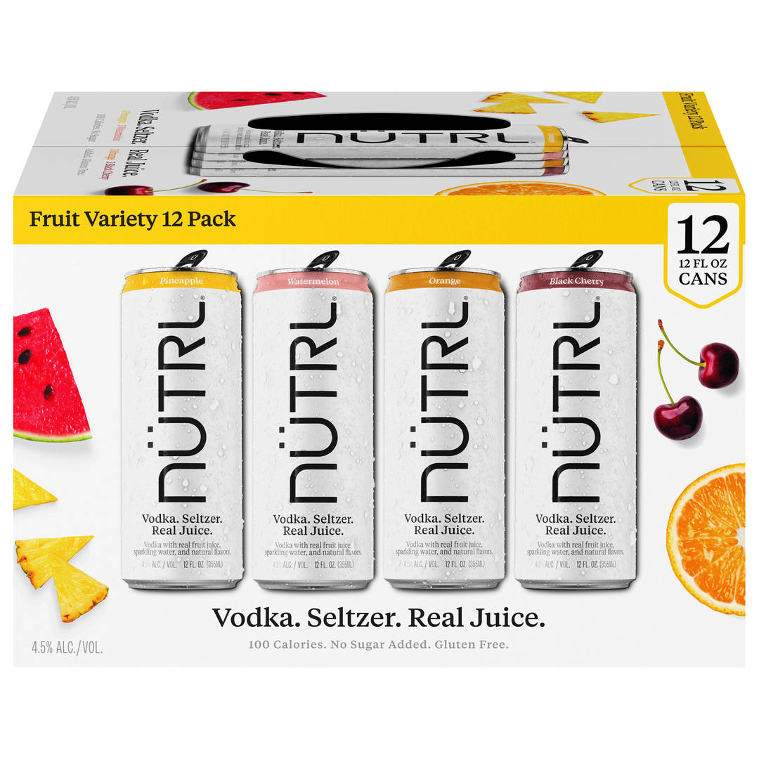 Nutrl Vodka Seltzer Fruit FOUR FLAVOR Variety Pack 12x12 oz Can Sleek Pack CARRIER - Spot UV - Includes Watermelon, Pineapple, Orange and Black Cherry - SL Coating