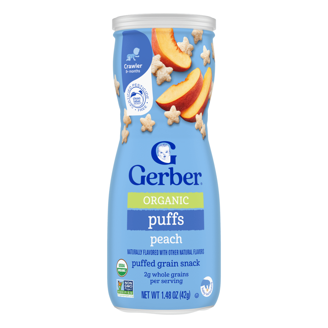 Gerber Stage 3 Baby Snacks, Organic Peach Puffs, Puffed Grain Snack, Baby Led Feeding
