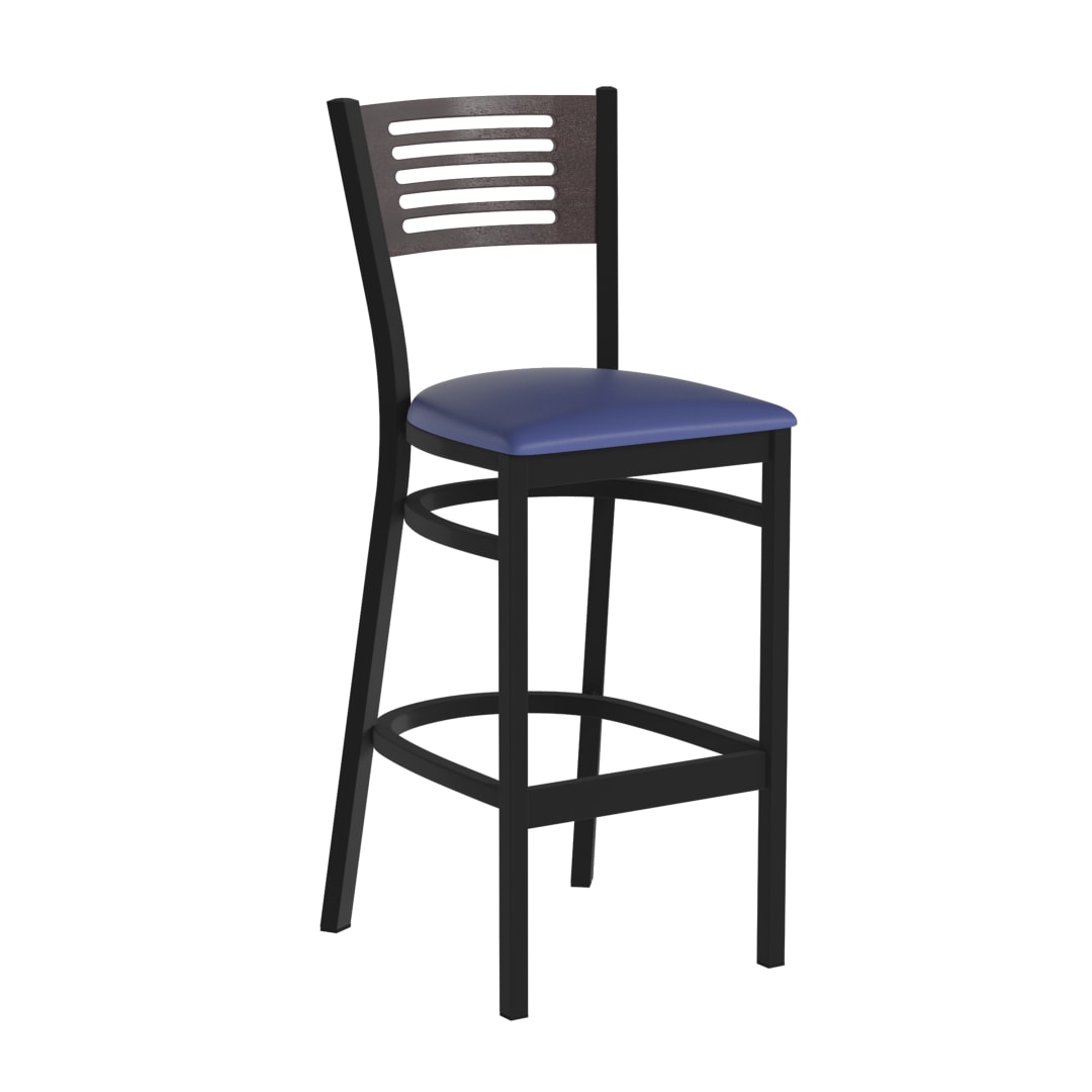 HERCULES Black Slat Back Metal Restaurant Barstool - Walnut Wood Back, Blue Vinyl Seat