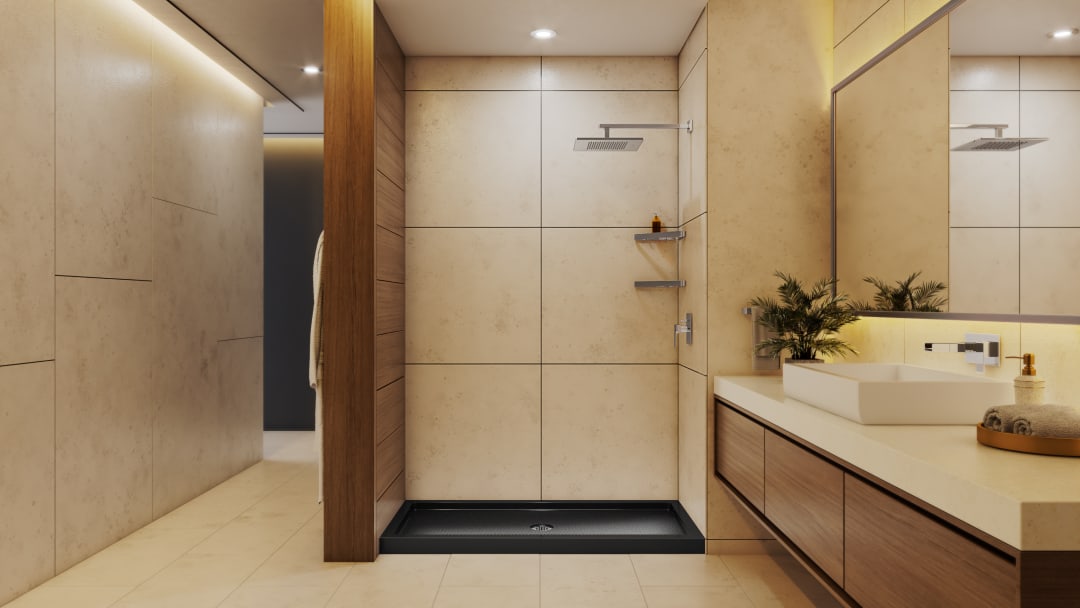 DreamLine SlimLine 32 inch D x 54 inch W x 2 3/4 inch H Single Threshold Black Alcove Shower Base with 2 inch Chrome Center Round Drain