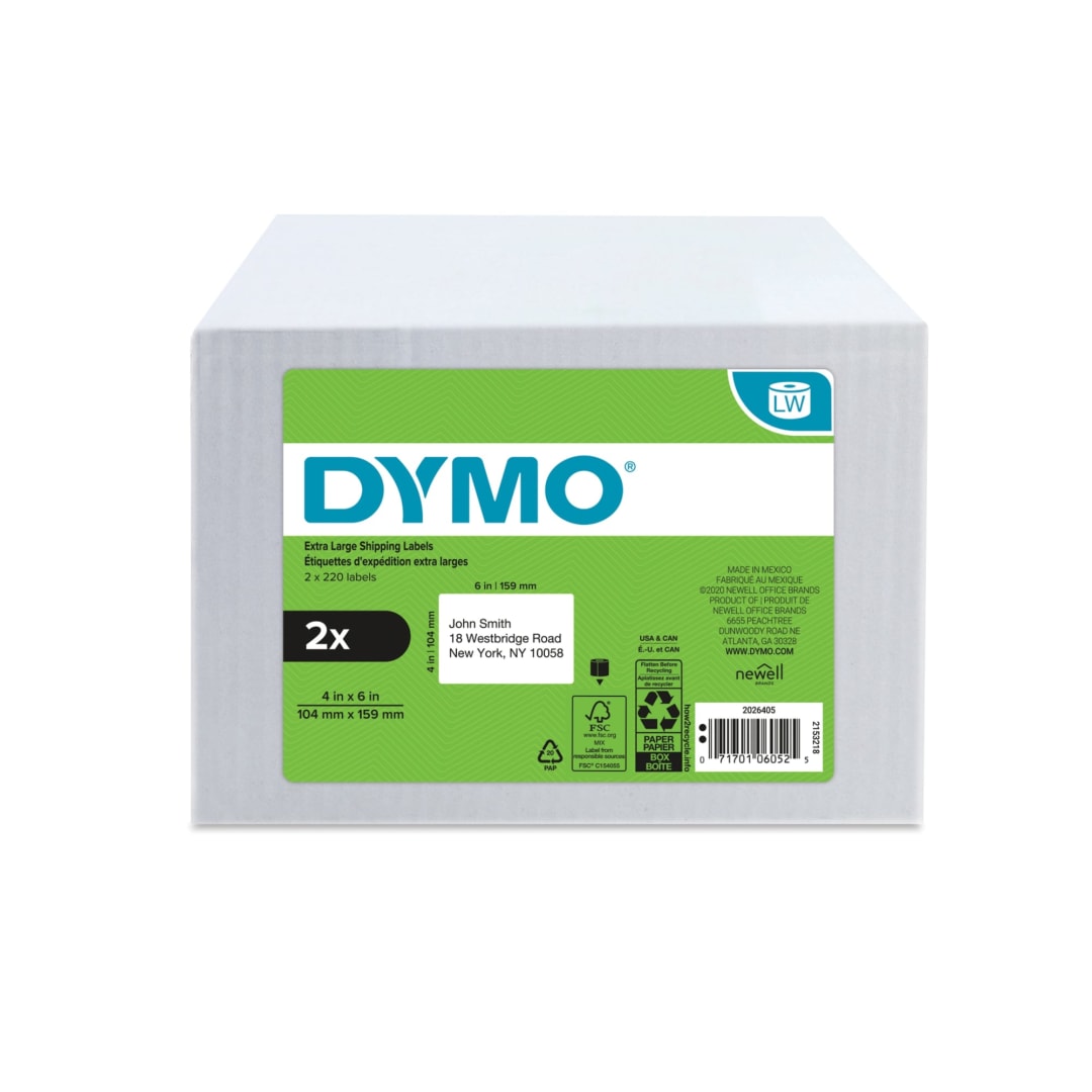DYMO® Authentic LW Extra-Large Shipping Labels for LabelWriter™ Label Printers, White, 4" x 6", 2 Rolls of 220 (440 Total)