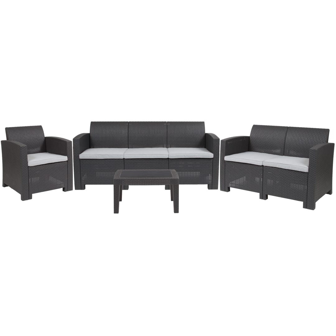 Seneca 4 Piece Outdoor Faux Rattan Chair, Loveseat, Sofa and Table Set in Seneca Dark Gray