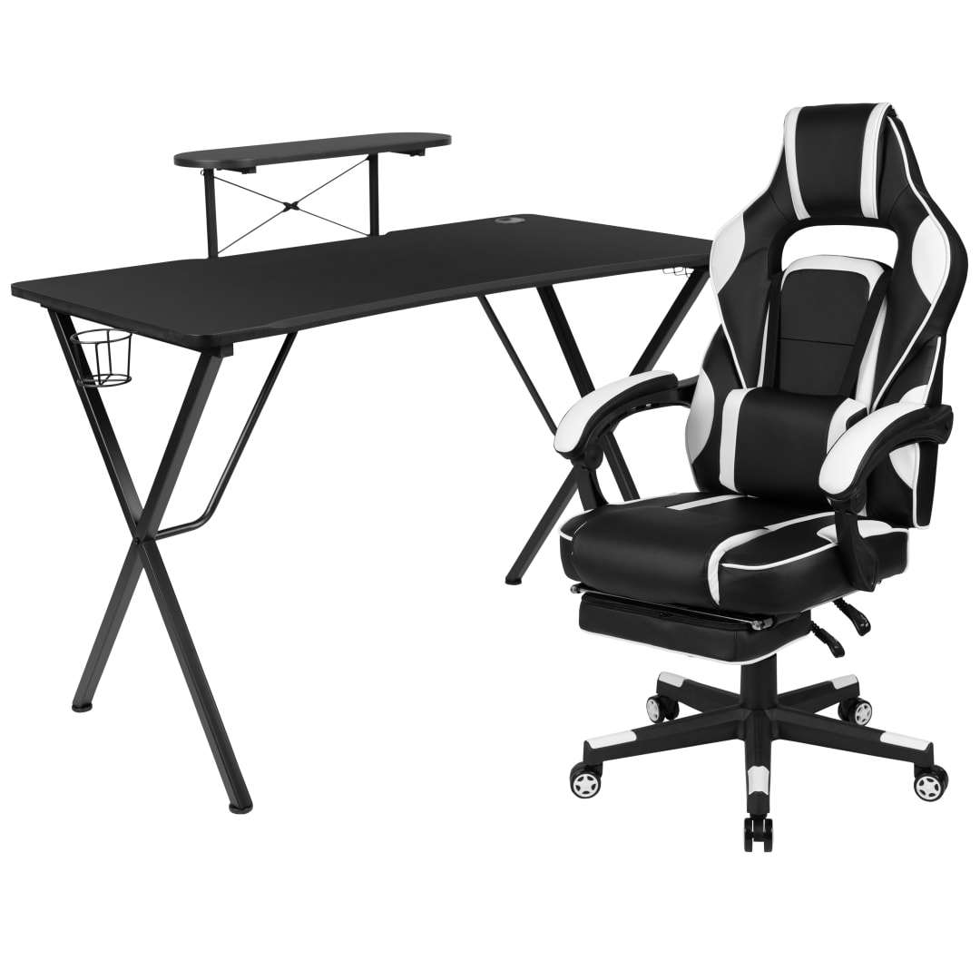 Optis Black Gaming Desk with Cup Holder/Headphone Hook/Monitor Stand &amp; White Reclining Back/Arms Gaming Chair with Footrest
