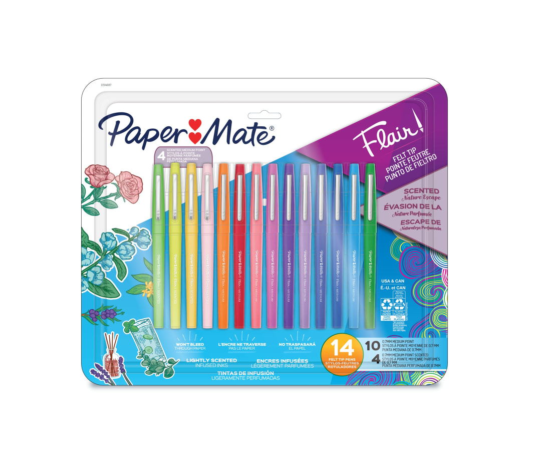 Paper Mate® Flair Felt Tips Pens, Includes Nature Escape Scented Pens, Medium (0.7mm) Point, 14 Count