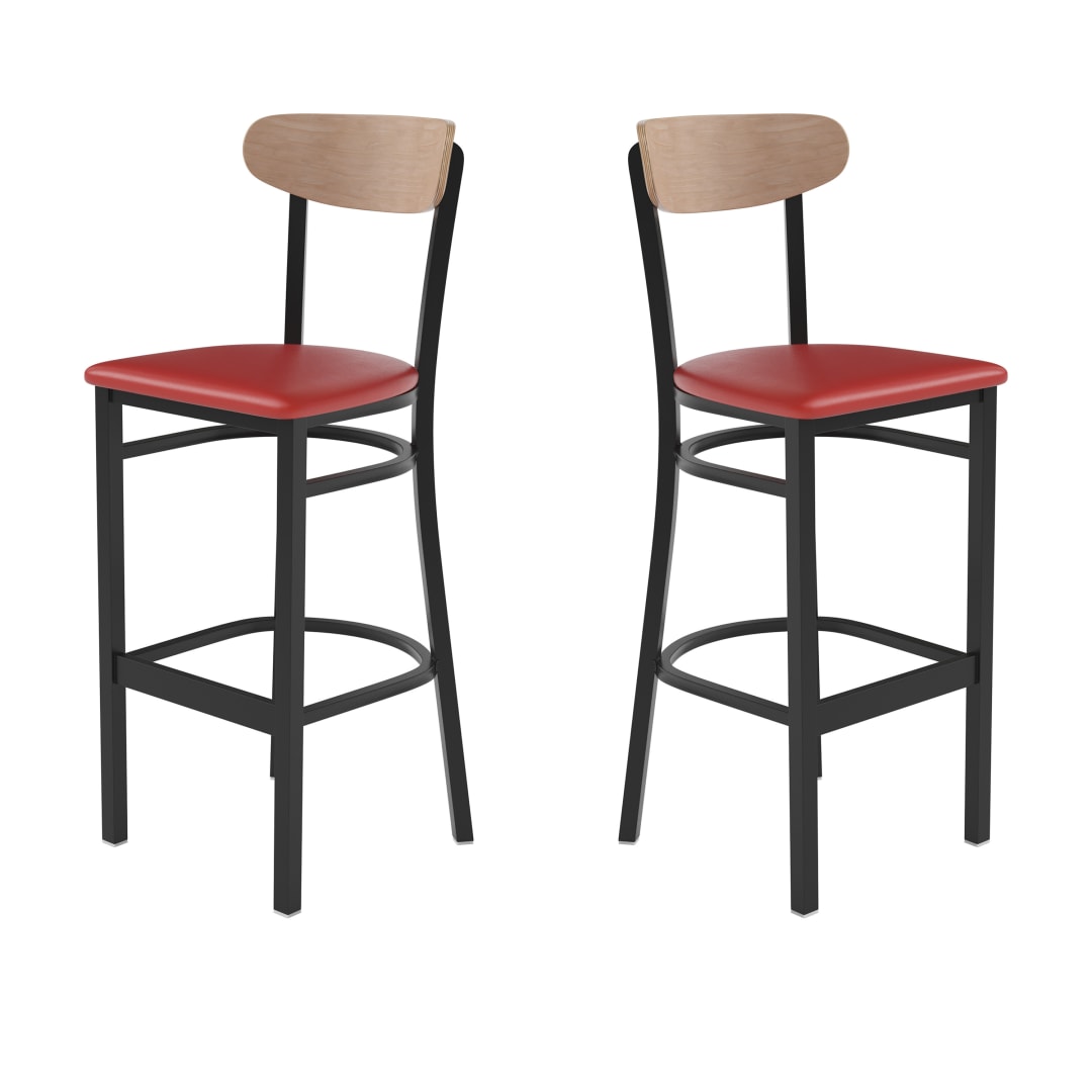 Wright Set of 2 Commercial Barstools with 500 LB. Capacity Black Steel Frame, Natural Birch Finish Wooden Boomerang Back, and Red Vinyl Seat