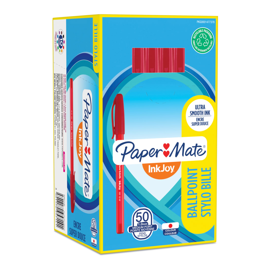 Paper Mate InkJoy 100ST Bolígrafo con tapa | punta mediana (1.0 mm) | rojo | caja de 50