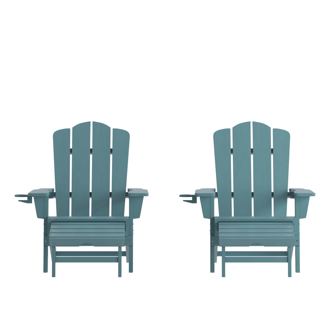 Newport HDPE Adirondack Chair with Cup Holder and Pull Out Ottoman, All-Weather HDPE Indoor/Outdoor Lounge Chair in Blue, Set of 2