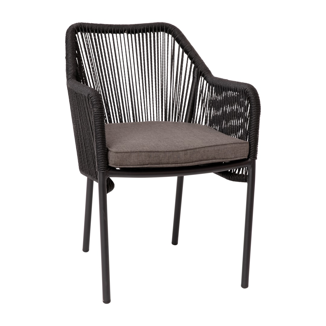 Kallie All-Weather Black Woven Stacking Club Chair with Rounded Arms & Gray Zippered Seat Cushions