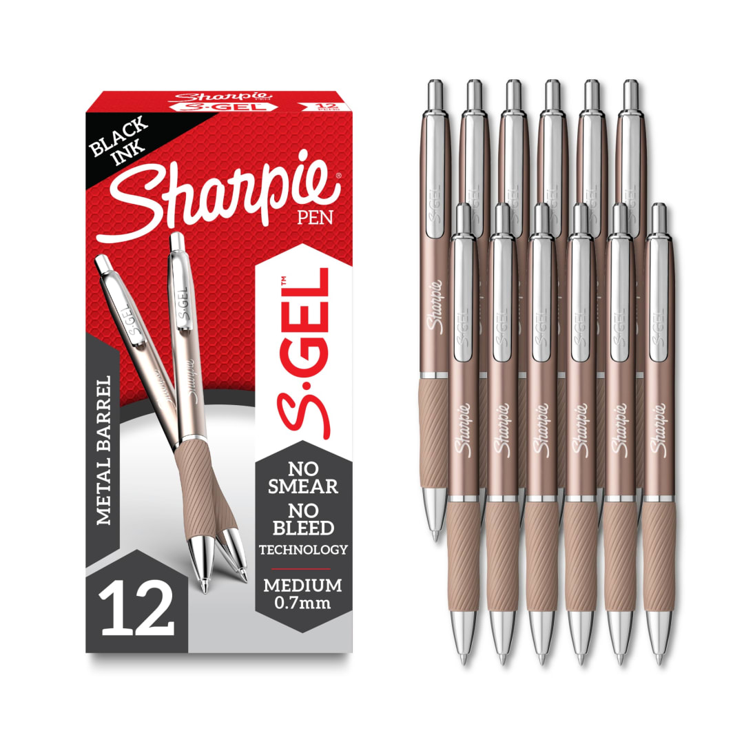 Sharpie® S-Gel, Gel Pens, Sleek Metal Barrel, Medium Point (0.7mm), Black Ink, 12 Count