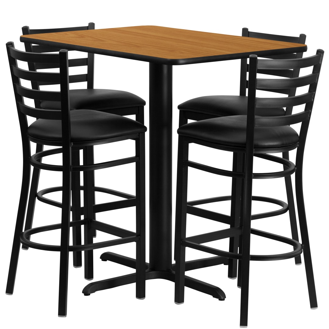 Carlton 24''W x 42''L Rectangular Natural Laminate Table Set with 4 Ladder Back Metal Barstools - Black Vinyl Seat