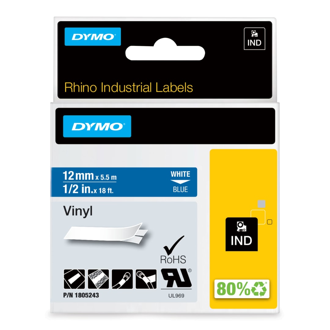 DYMO® Rhino Industrial Vinyl Labels, 1/2", White Print on Blue Tape