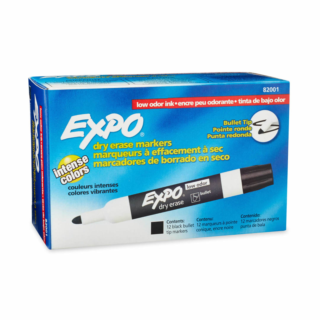 EXPO® Low Odor Dry Erase Markers, Bullet Tip, Black, 12 Count