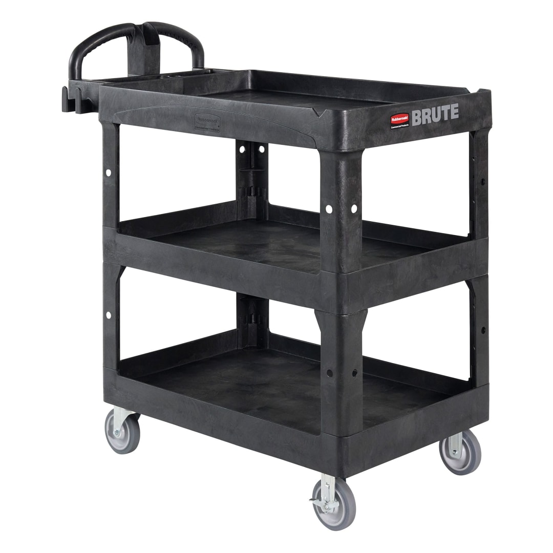 Rubbermaid Commercial BRUTE Heavy Duty 3-Medium Ergonomic Utility Cart, Medium, Lipped Shelf, Black