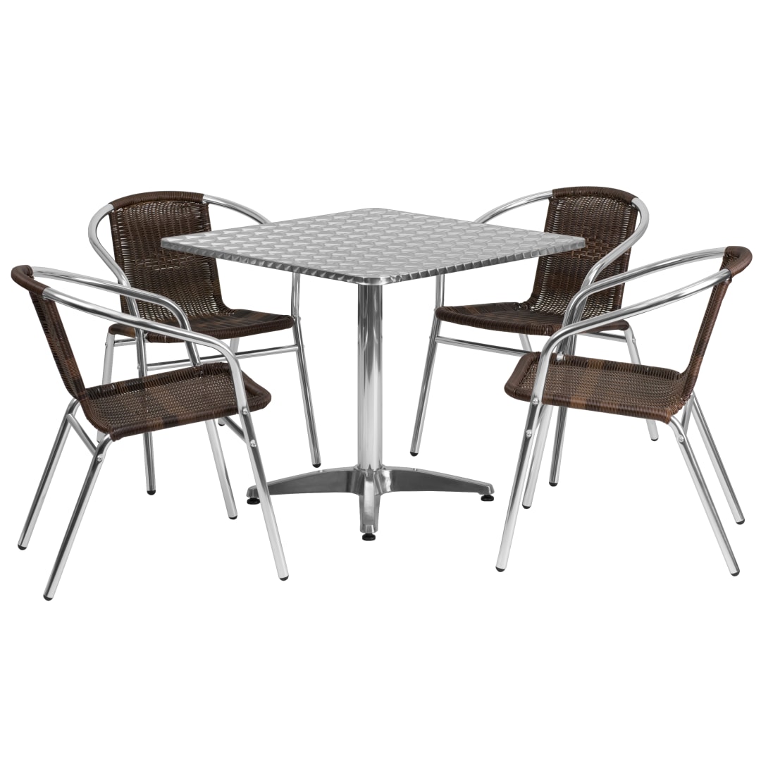 Lila 31.5'' Square Aluminum Indoor-Outdoor Table Set with 4 Dark Brown Rattan Chairs