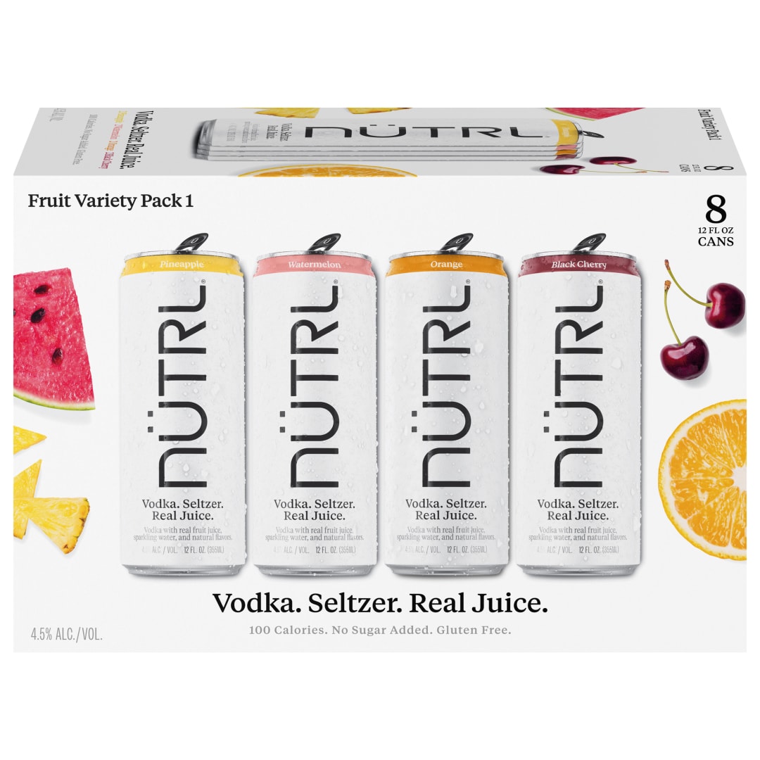 Nutrl Vodka Seltzer Fruit FOUR FLAVOR Variety Pack 8x12 oz Can Sleek Pack CARRIER - Top Handle Spot UV - Includes Watermelon, Pineapple, Orange and Black Cherry - SL Coating