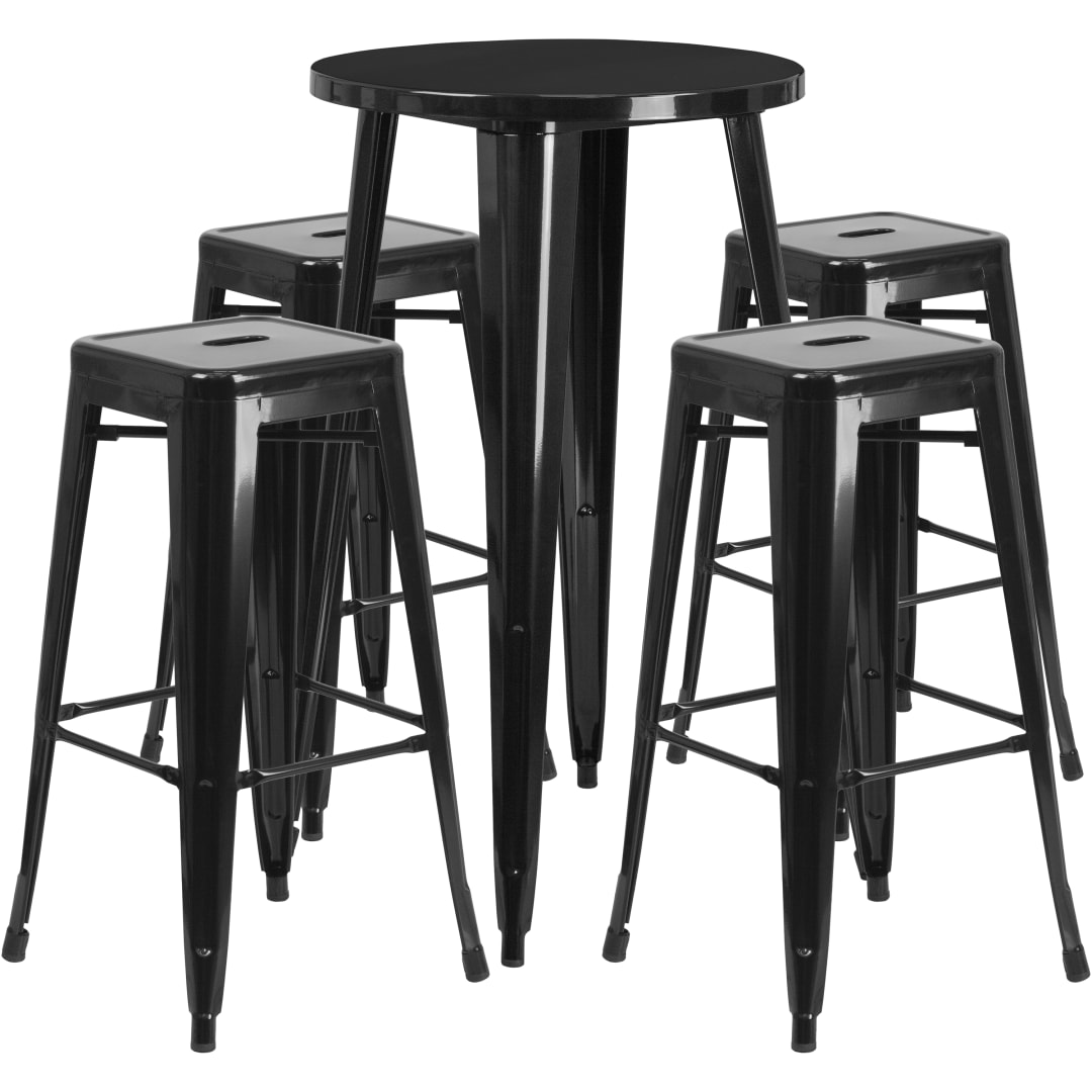 Ormsby Commercial Grade 24" Round Black Metal Indoor-Outdoor Bar Table Set with 4 Square Seat Backless Stools