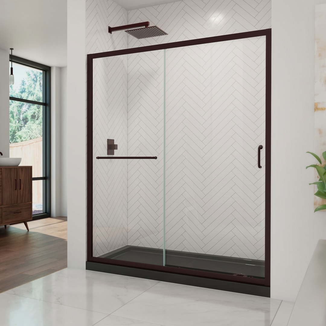 DreamLine Infinity-Z 34 inch D x 60 inch W x 74 3/4 inch H Semi-Frameless Sliding Clear Shower Door in Oil Rubbed Bronze with Right Drain Black Shower Base Kit