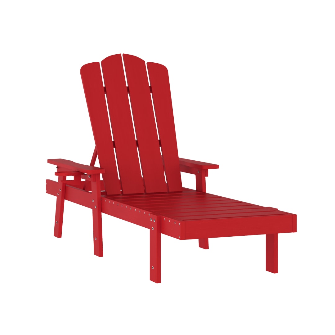 Sonora Commercial Grade Adjustable Adirondack Lounger with Cup Holder, All-Weather Indoor/Outdoor Recycled HDPE Lounge Chair in Red