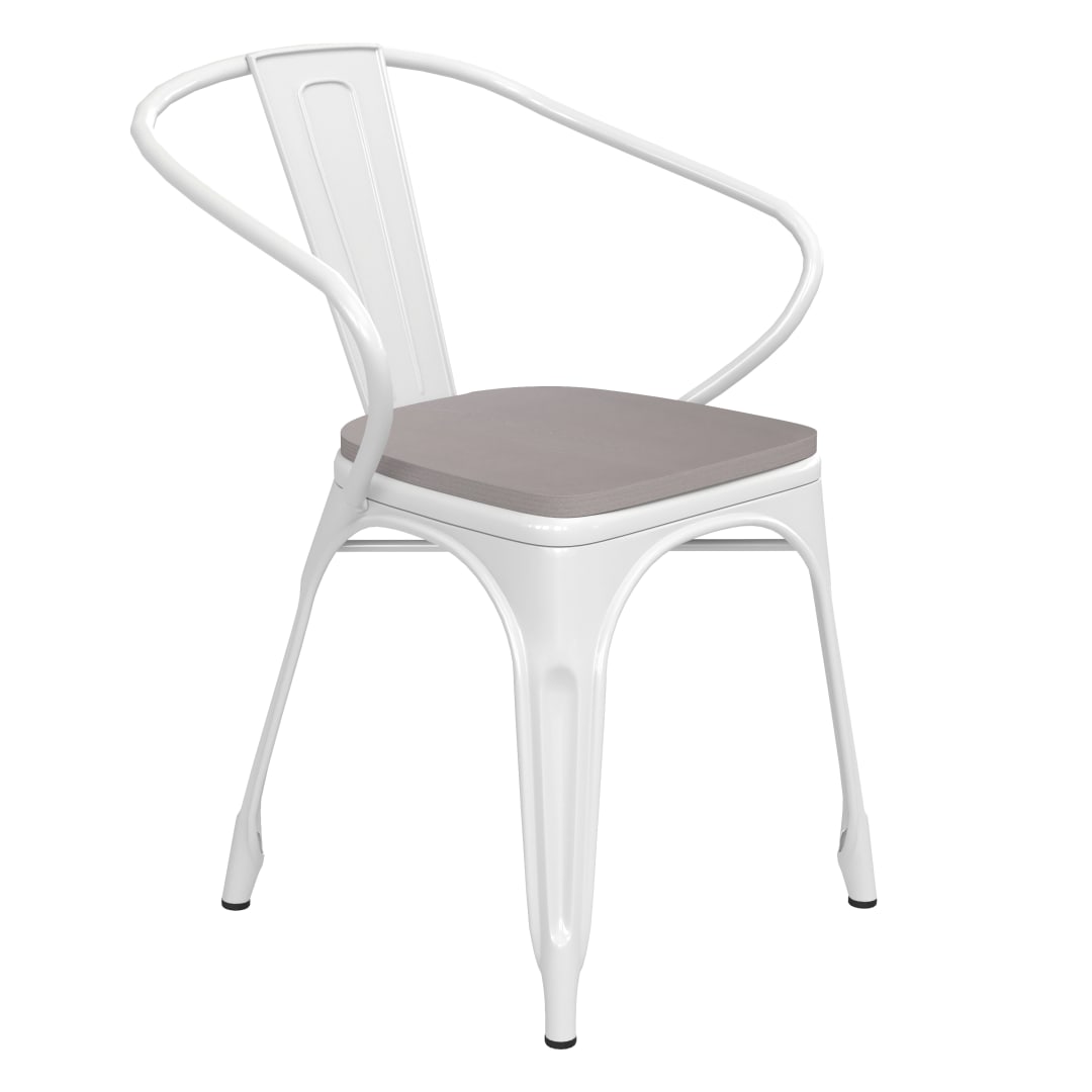 Luna Commercial Grade White Metal Indoor-Outdoor Chair with Arms with Gray Poly Resin Wood Seat