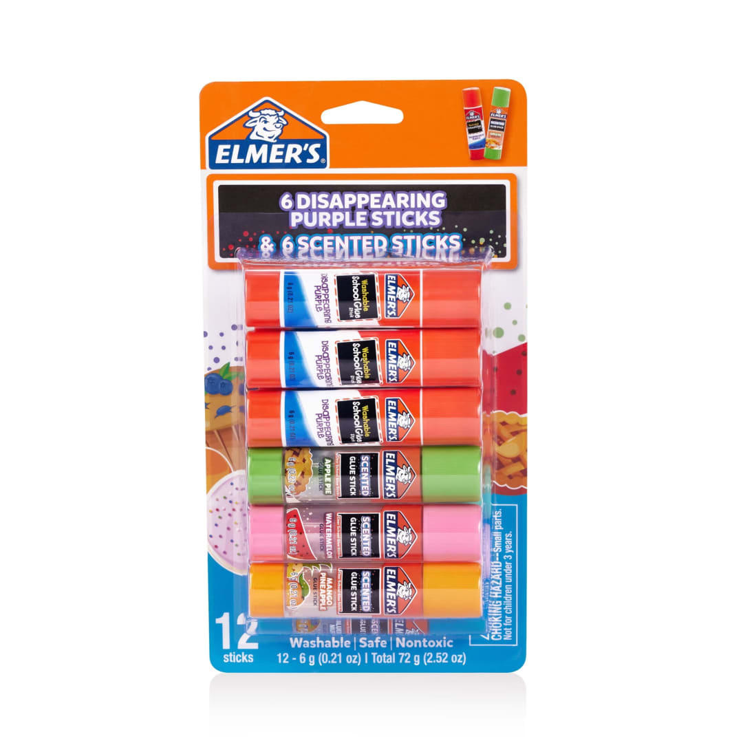 Elmer’s Scented Glue Sticks Variety Pack, Includes Disappearing Purple Glue Sticks, Safe, Nontoxic School Glue, 12 Count (6g each)