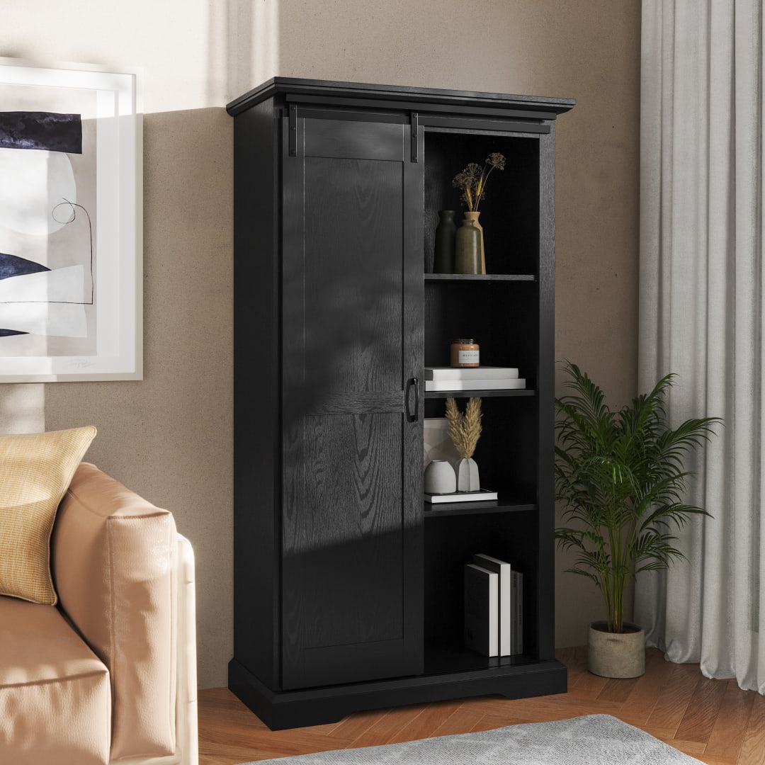 Harrison 36" Wide Rustic Farmhouse Storage Cabinet Bookcase with Sliding Barn Door and 4 Adjustable and 2 Fixed Shelves in Black